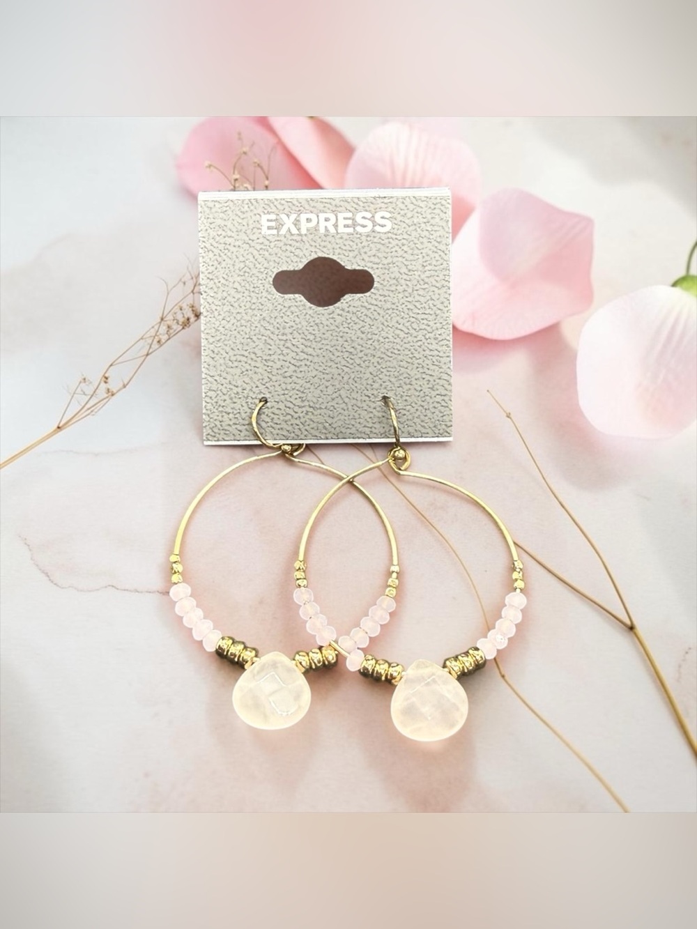 💕EXPRESS💕Gold-Tone Hoop Earrings with Pink Beads & Rose Quartz Drops/NWT